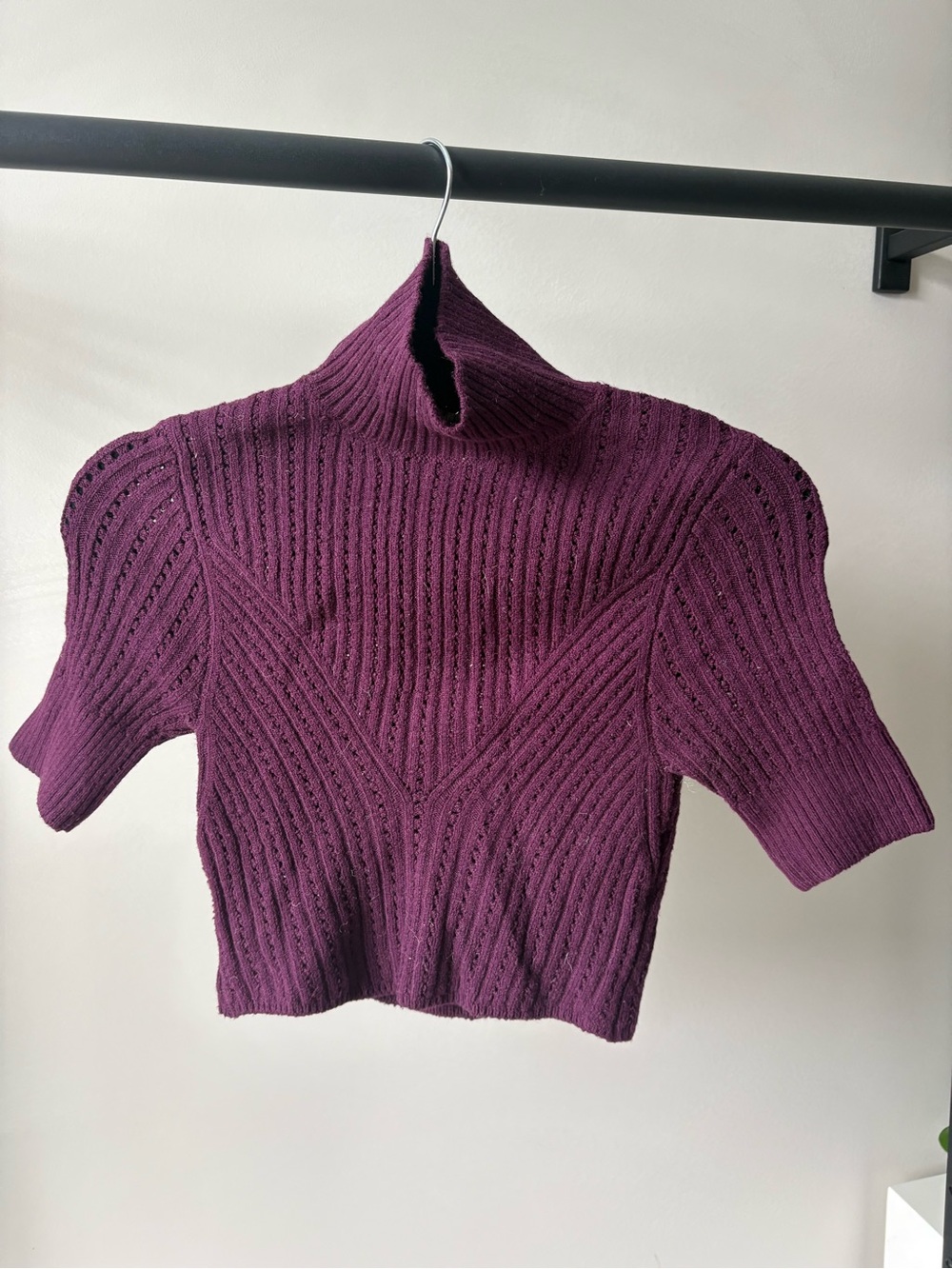 Free People Plum Ribbed Short-Sleeve Turtleneck Sweater